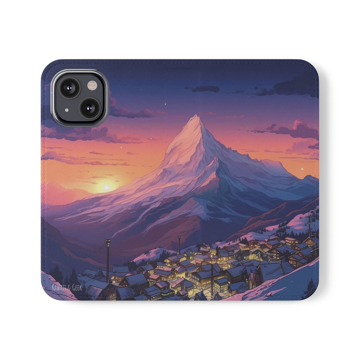 Snowy Mountain Landscape Sunset Flip Phone Case - Discover Serenity with a Charming Mountain Village