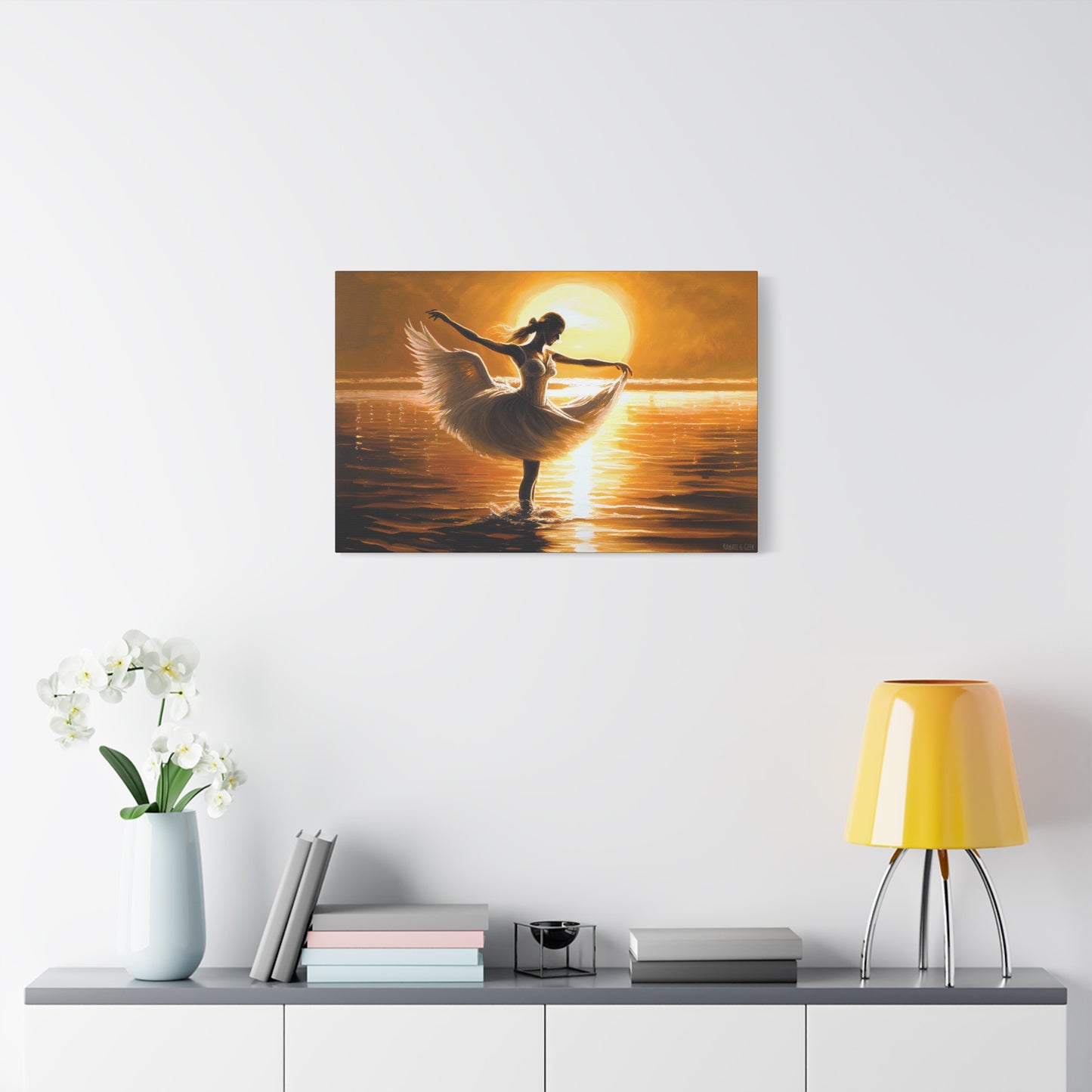 Graceful Dancer Canva - Captivating Swan Feather Dress, Elegant Water Dance at Sunset