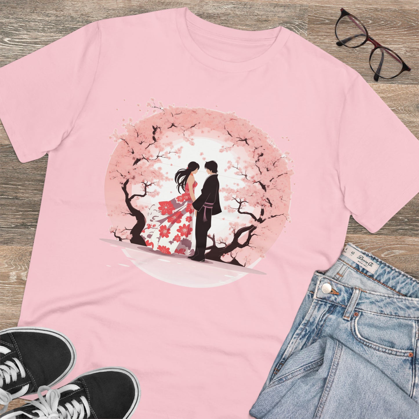 Cherry Blossom Romance T-shirt - Japanese Couple Design - Valentine's Day Special