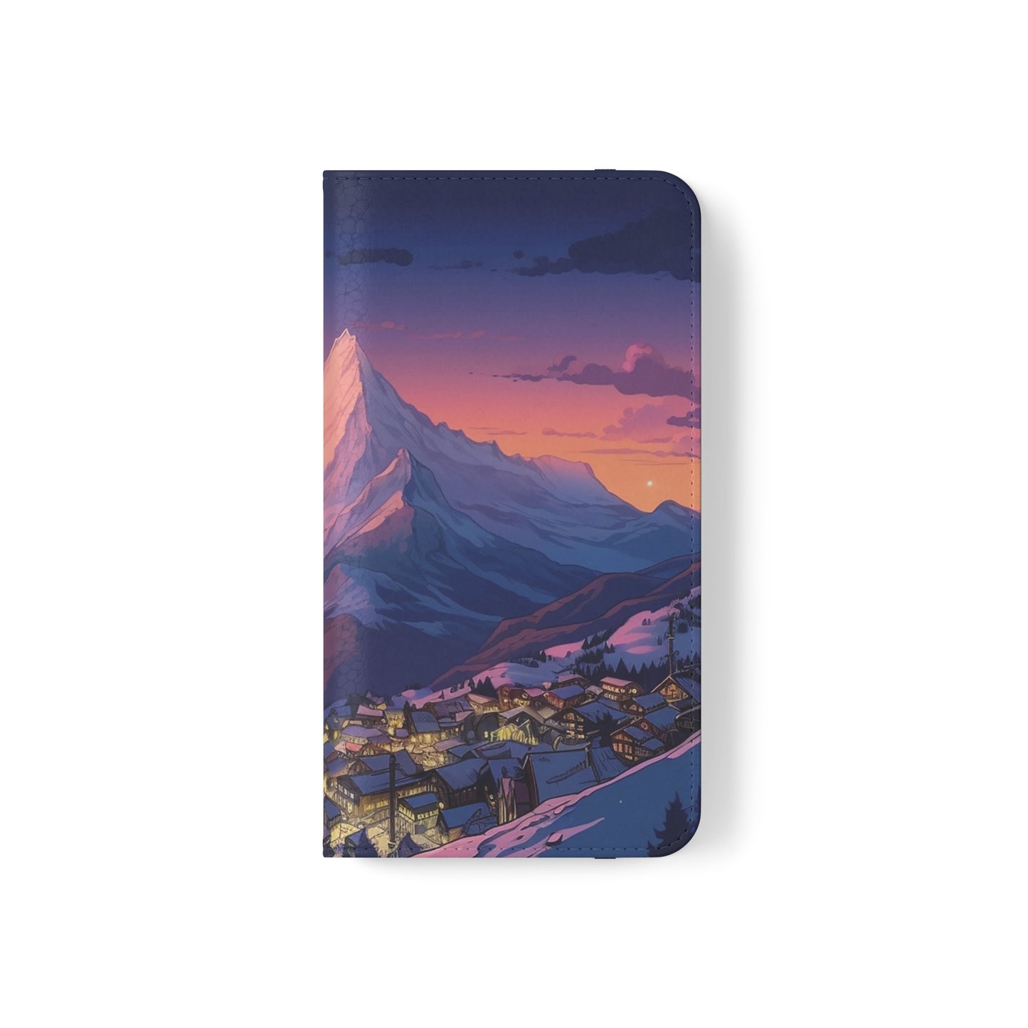 Snowy Mountain Landscape Sunset Flip Phone Case - Discover Serenity with a Charming Mountain Village