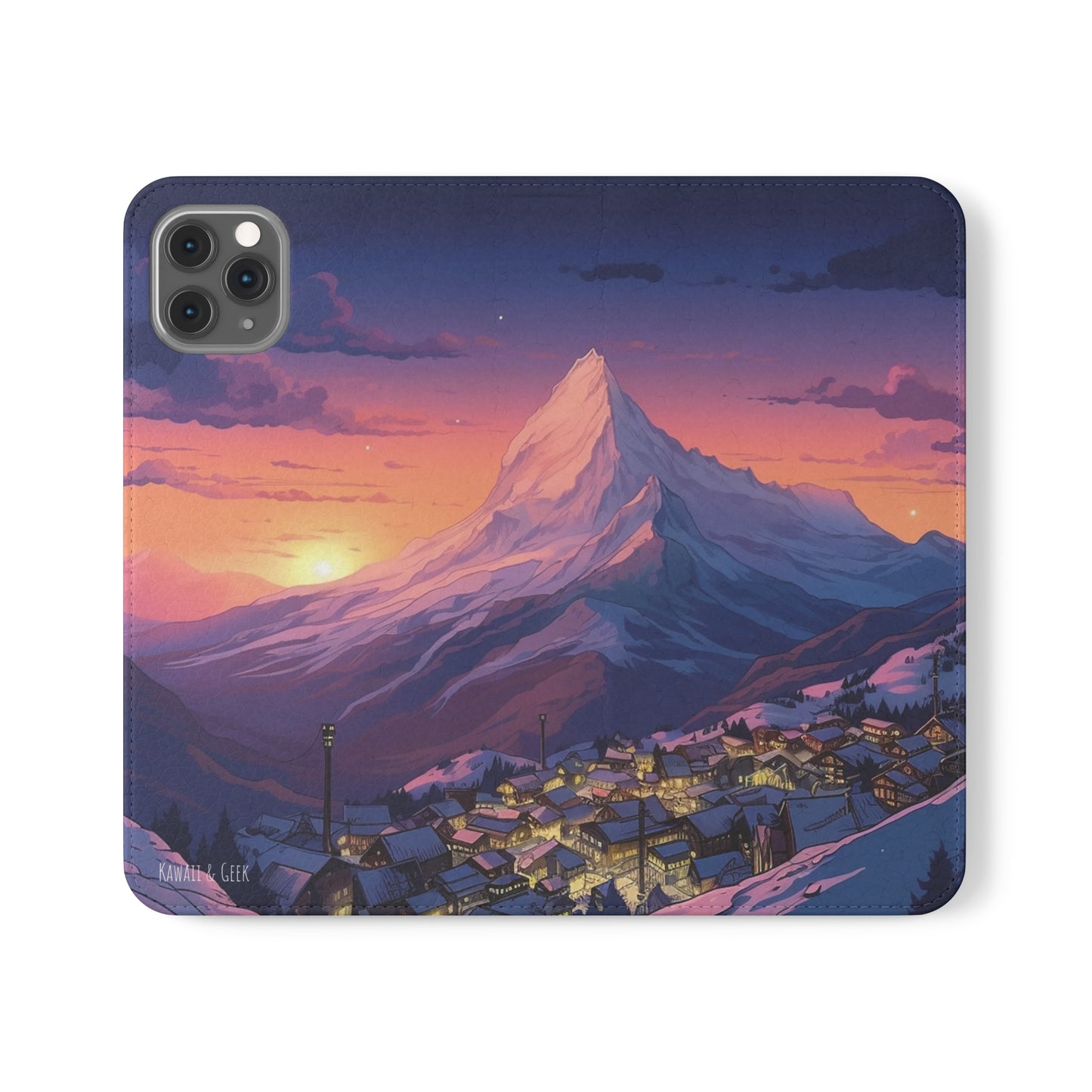 Snowy Mountain Landscape Sunset Flip Phone Case - Discover Serenity with a Charming Mountain Village