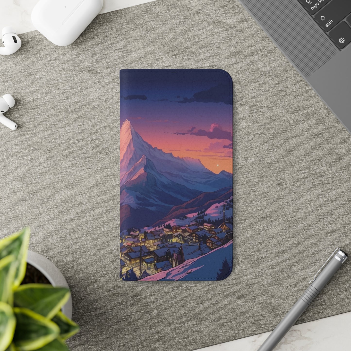 Snowy Mountain Landscape Sunset Flip Phone Case - Discover Serenity with a Charming Mountain Village