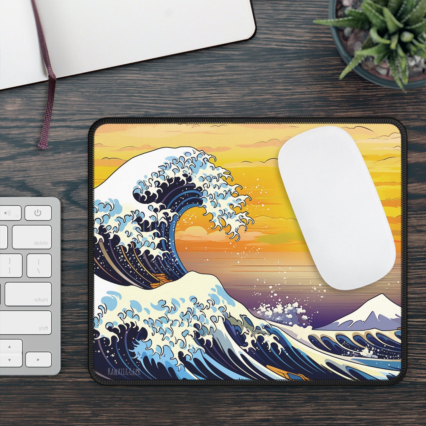 Hokusai-Inspired Big Wave Mouse Pad with Stunning Sunset