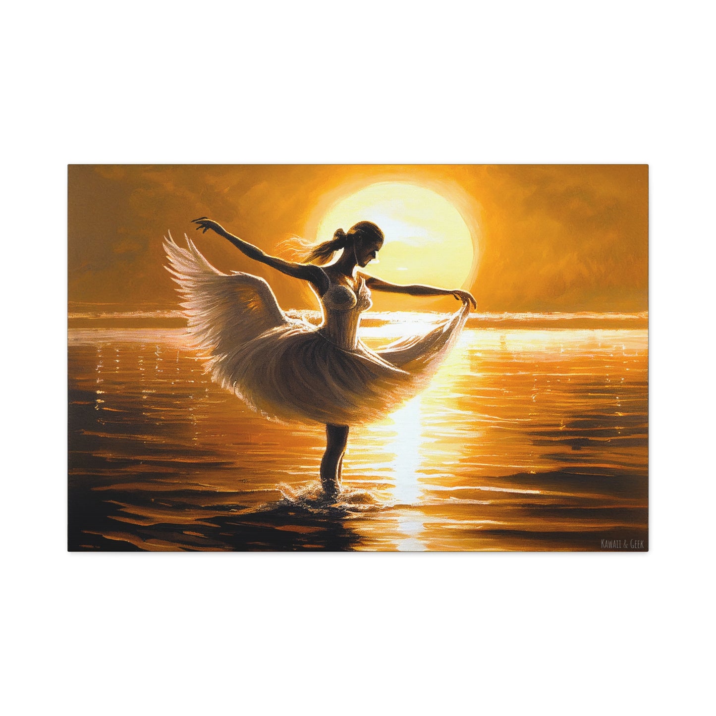 Graceful Dancer Canva - Captivating Swan Feather Dress, Elegant Water Dance at Sunset