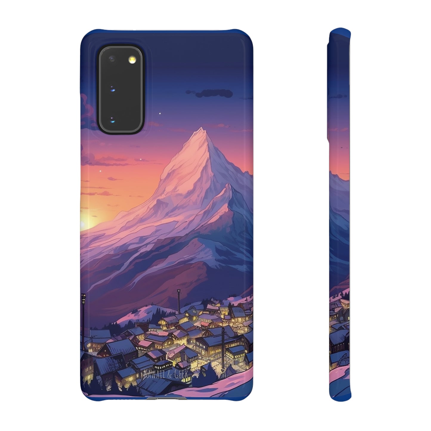 Snowy Mountain Landscape Sunset Phone Case - Discover Serenity with a Charming Mountain Village