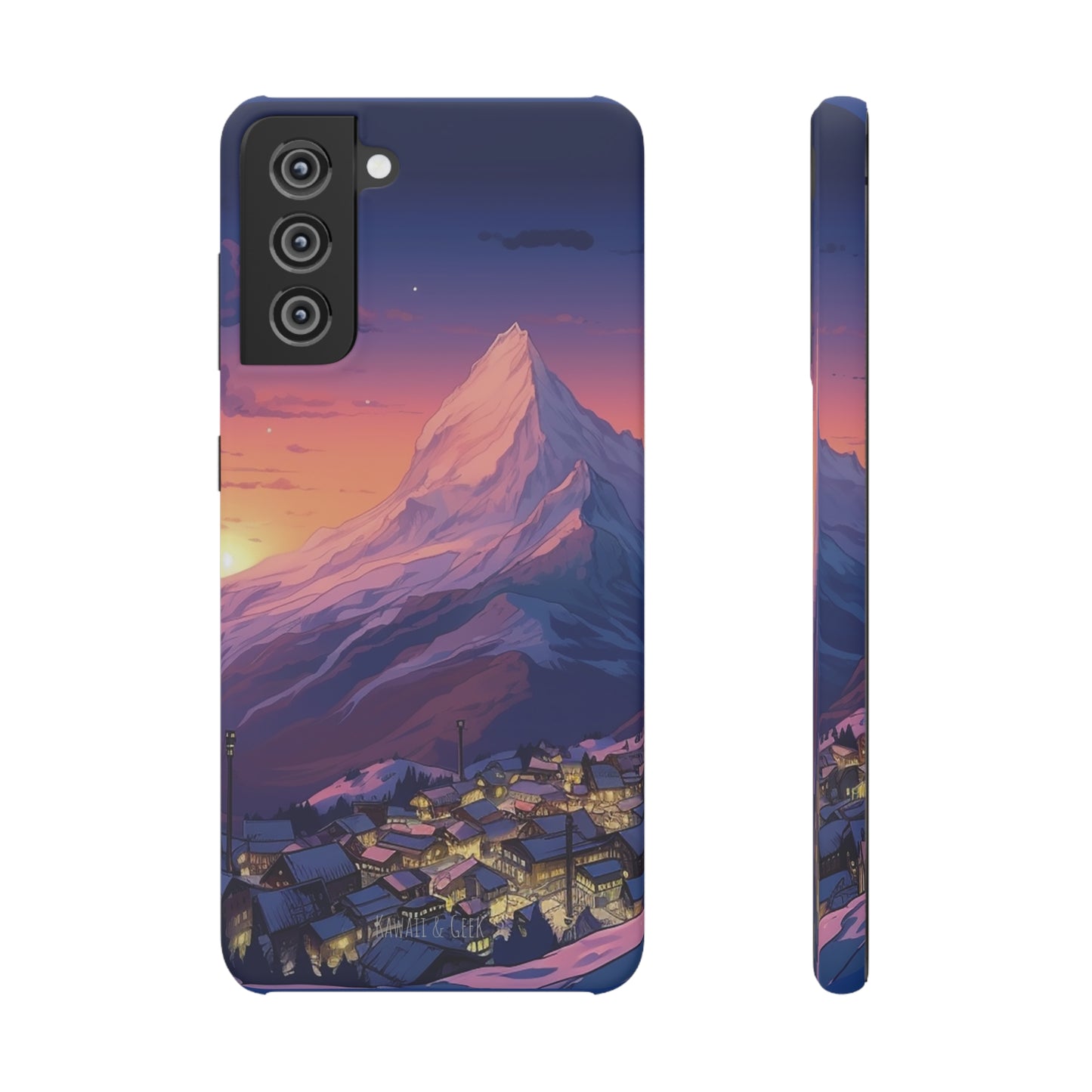 Snowy Mountain Landscape Sunset Phone Case - Discover Serenity with a Charming Mountain Village