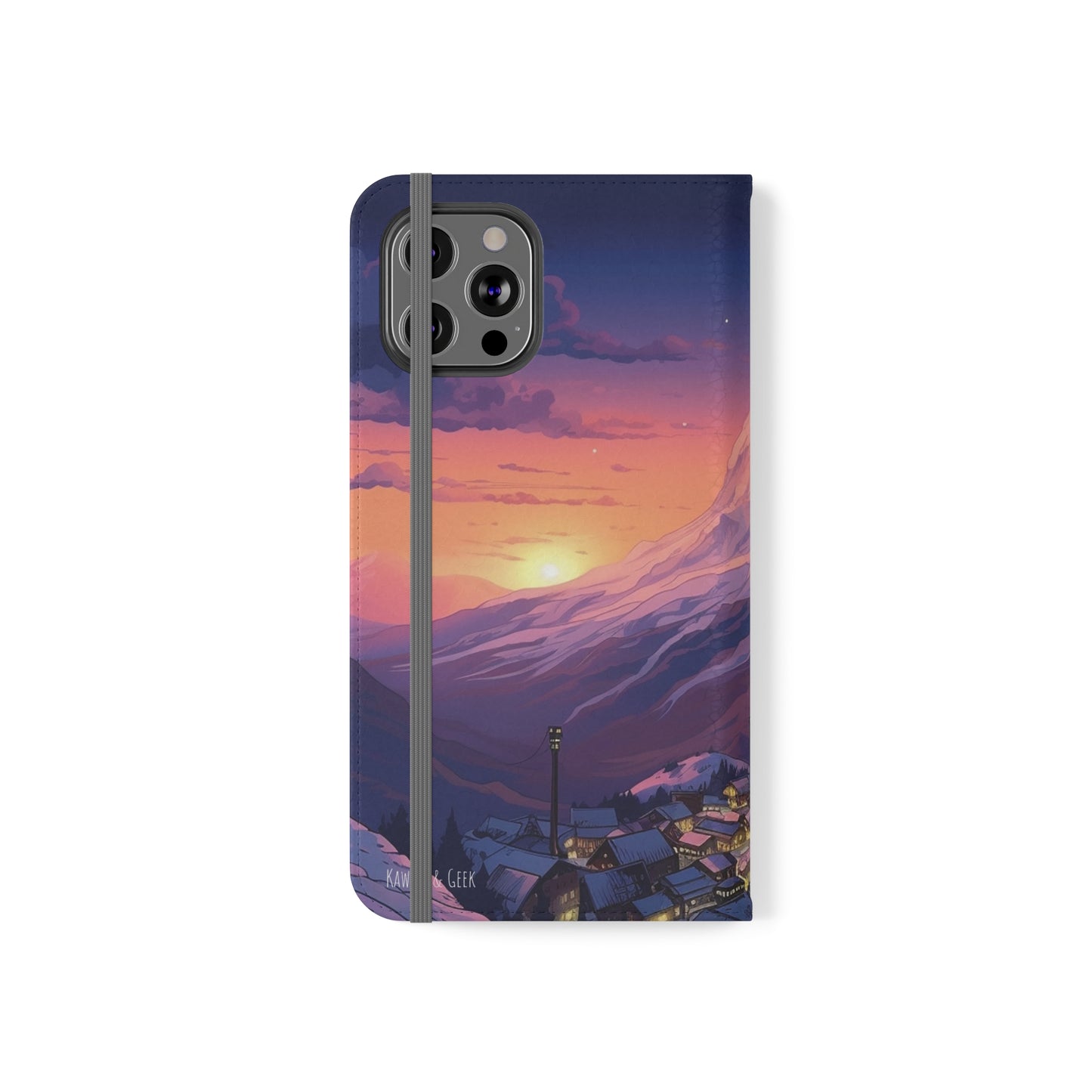 Snowy Mountain Landscape Sunset Flip Phone Case - Discover Serenity with a Charming Mountain Village