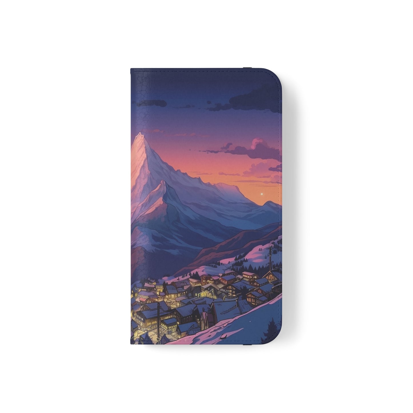 Snowy Mountain Landscape Sunset Flip Phone Case - Discover Serenity with a Charming Mountain Village