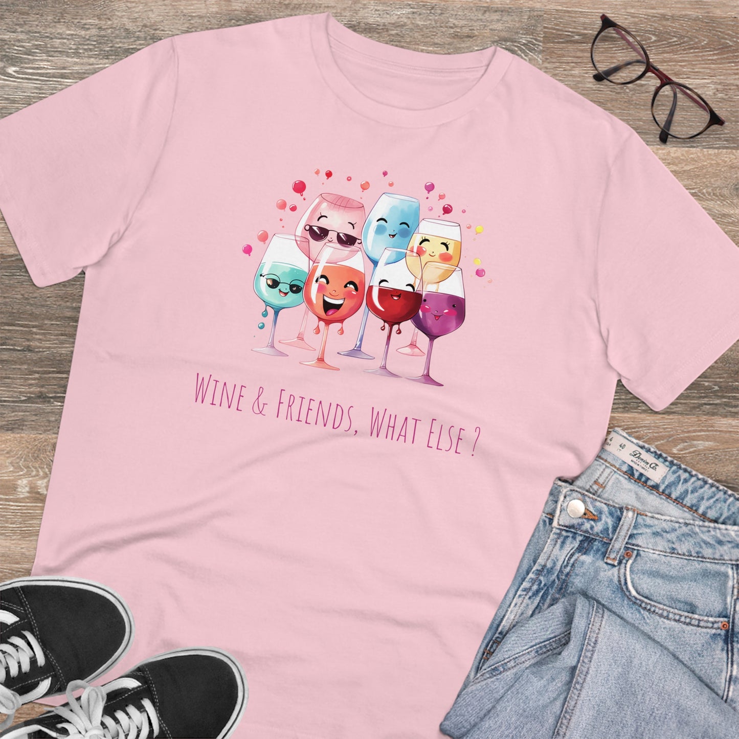 Eco-Friendly 'Wine & Friends' T-Shirt - Kawaii Wine Glasses, Unisex