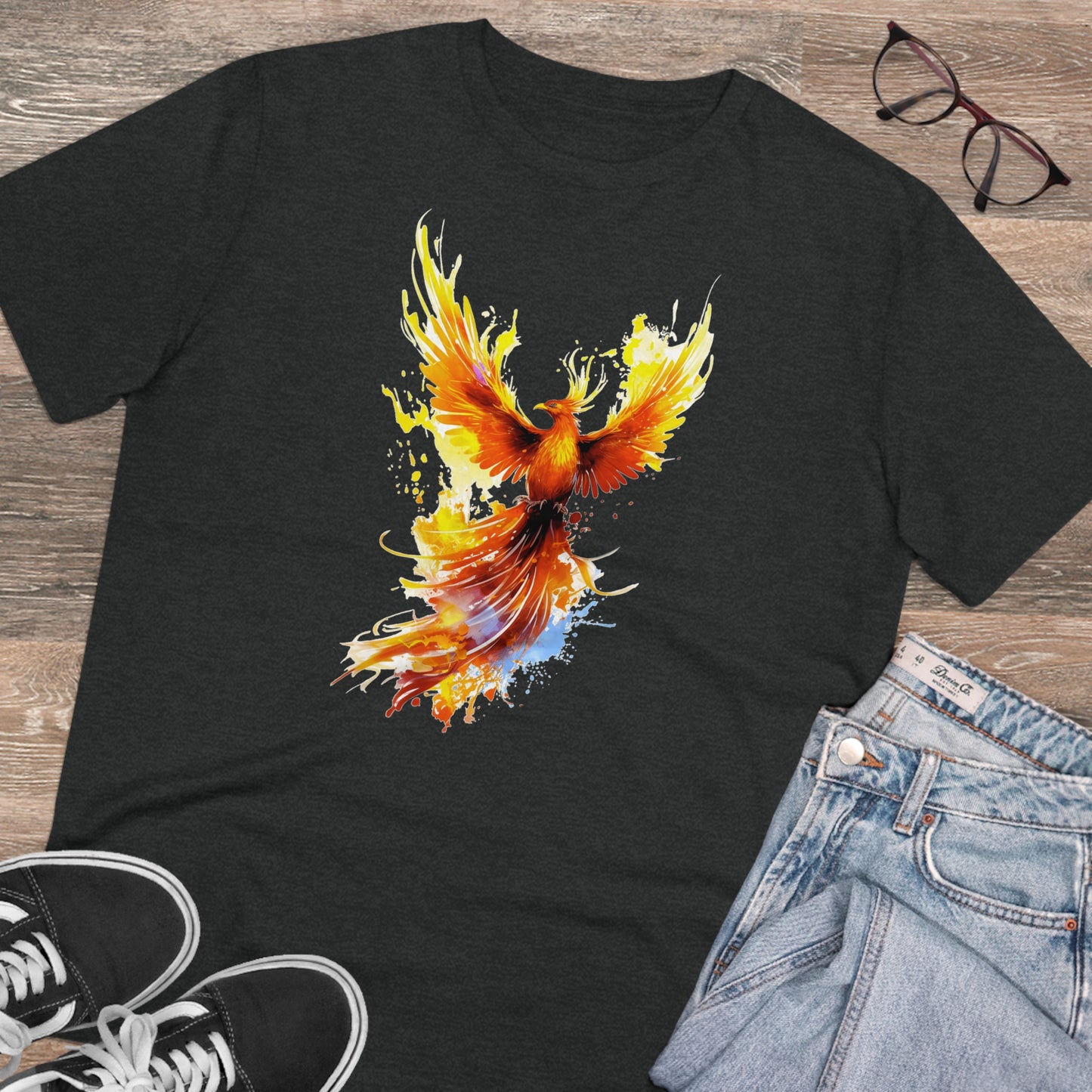 Burning Phoenix Watercolor T-Shirt - Unisex and Eco-Friendly Fashion with a Fiery Twist