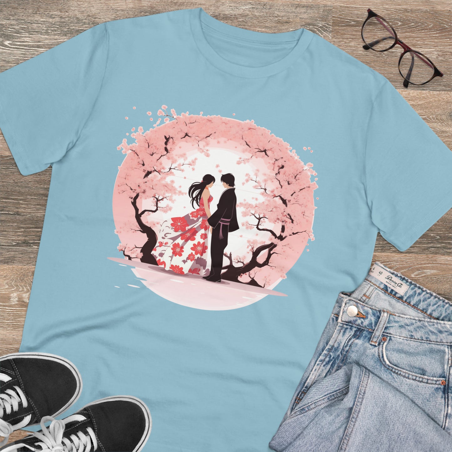 Cherry Blossom Romance T-shirt - Japanese Couple Design - Valentine's Day Special