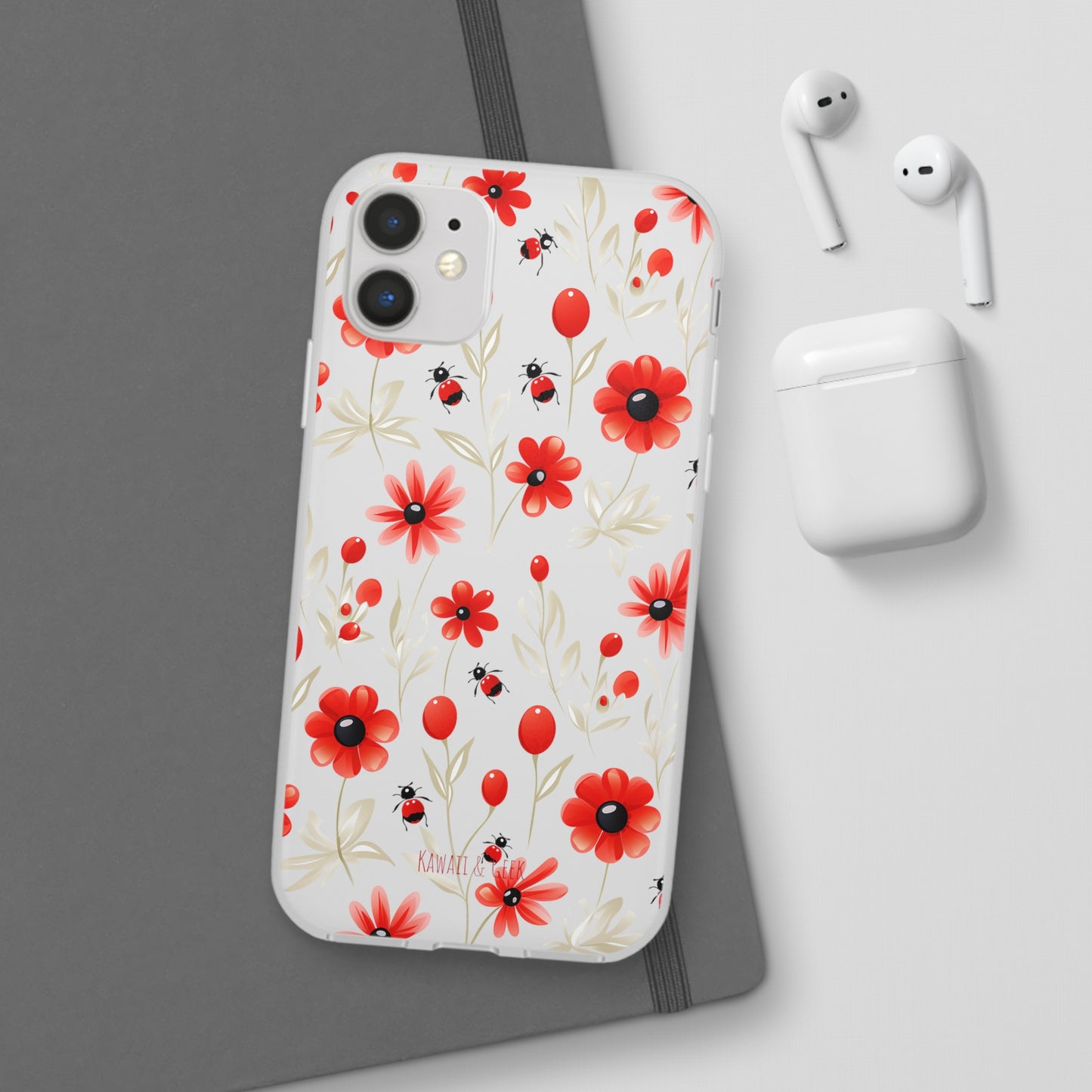 Red Flowers & Cute Bugs: Transparent Flexi Phone Case