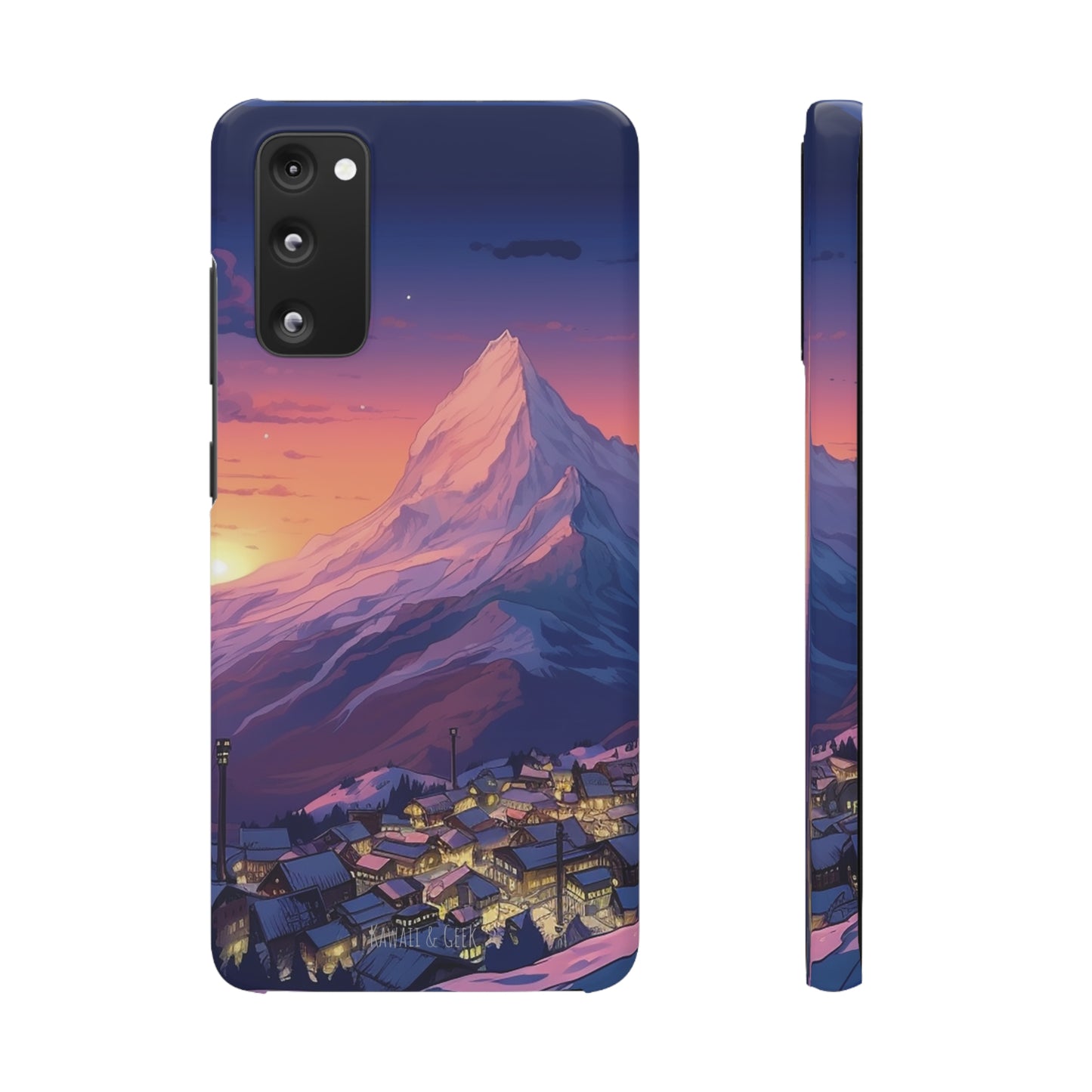 Snowy Mountain Landscape Sunset Phone Case - Discover Serenity with a Charming Mountain Village