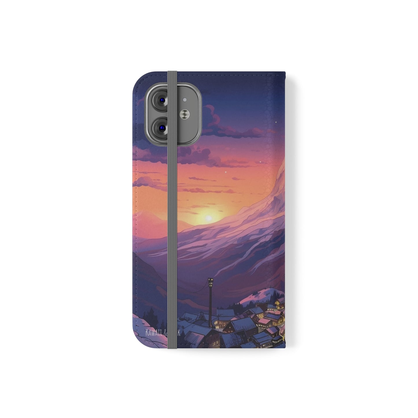 Snowy Mountain Landscape Sunset Flip Phone Case - Discover Serenity with a Charming Mountain Village