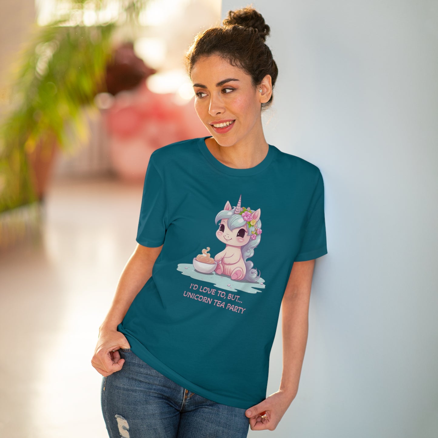 Cute Unicorn Tea Party T-Shirt - Unisex and Eco-Friendly with Whimsical Charm