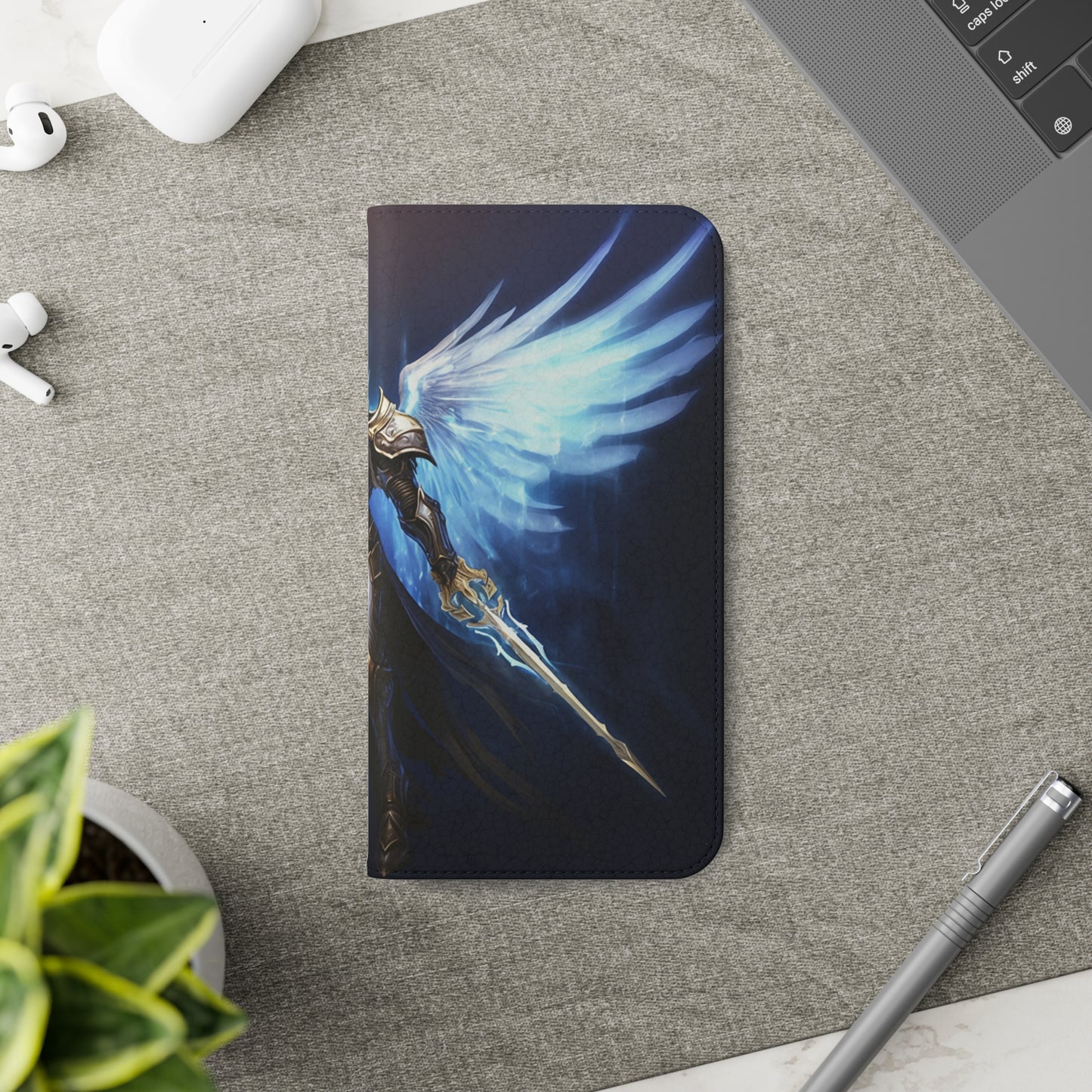 Archangel Flip Phone Case: Ethereal Wings & Sword Design