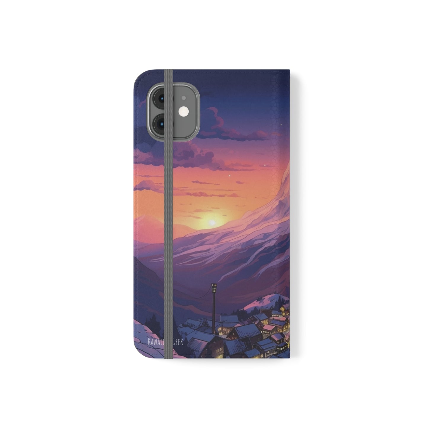 Snowy Mountain Landscape Sunset Flip Phone Case - Discover Serenity with a Charming Mountain Village