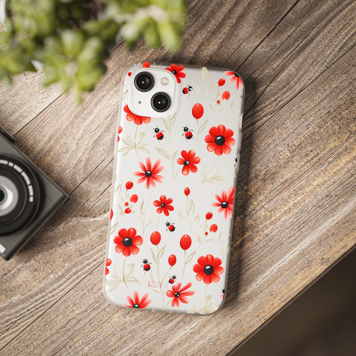 Red Flowers & Cute Bugs: Transparent Flexi Phone Case