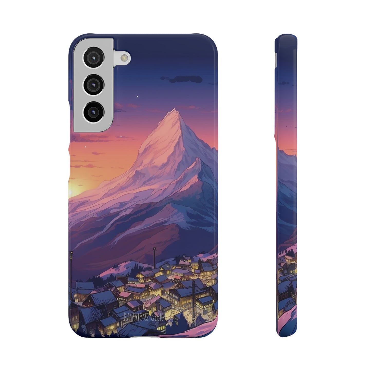 Snowy Mountain Landscape Sunset Phone Case - Discover Serenity with a Charming Mountain Village